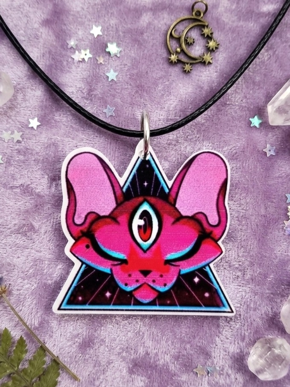 Hippie Trippy Mysyical Cosmic Third Eye Feline Cat Black Pink Purple Necklace